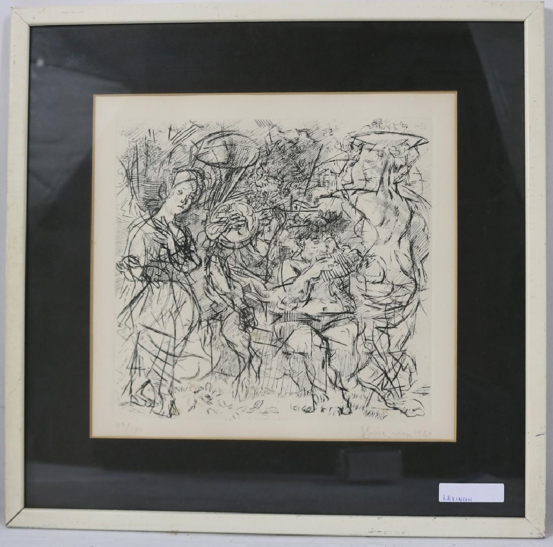 JACK LEVINE (1915-2010) FRAMED ETCHING DEPICTING: A BAND CONCERT, #38/120, SIGNED LOWER RIGHT AND DATED 1950, SIGHT SIZE 9 1/4" X 9 3/4", OVERALL 14 1/2" X 14 3/4".