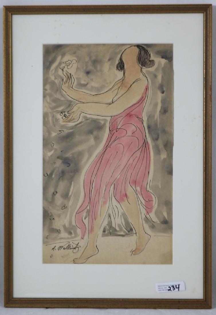 ABRAHAM WALKOWITZ (1878/80-1965) WATERCOLOR: OF A DANCER PROBABLY ISADORA DUNCAN, SIGNED LOWER LEFT, SIGHT SIZE 13 3/4" X 8", OVERALL 18 3/4" X 13".