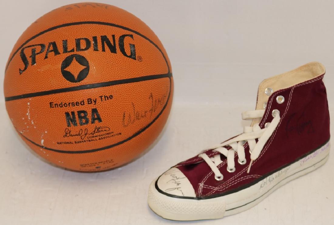 BOSTON CELTICS 2 PC LOT TO INCLUDE A BASKETBALL: SIGNED BY PISTOL PETE MARAVICH, WALT FRAZIER AND OTHERS ALONG WITH A SNEAKER SIGNED BY PISTOL PETE AND OTHERS, 11 3/4" LONG. BALL SHOWS CRAZING AND DRY ROT. FROM THE ESTATE OF LELAND CAMPBELL.