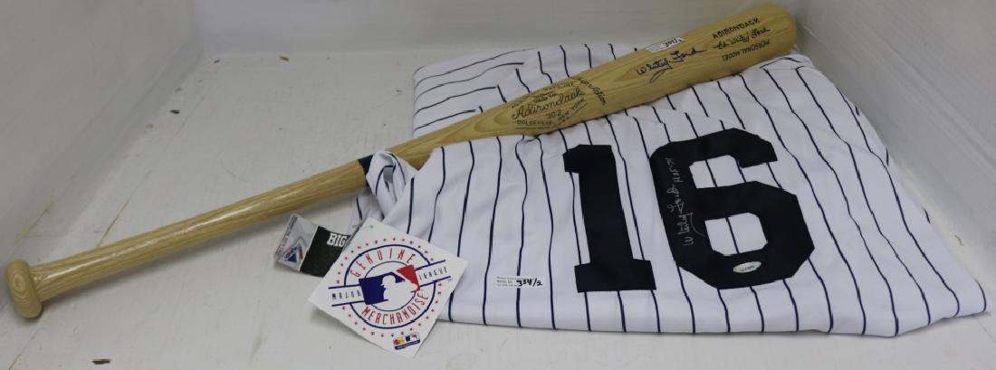 WHITEY FORD SIGNED YANKEES BASEBALL JERSEY #16,: MAJESTIC MFG. CO, SIGNED BY WHITEY FORD, HOF 74. ALONG WITH ADIRONDACK SIGNED BAT, MODEL 302, PERSONAL MODEL 33 3/4" LONG. GOOD CONDITION. FROM ESTATE OF LELAND CAMPBELL.