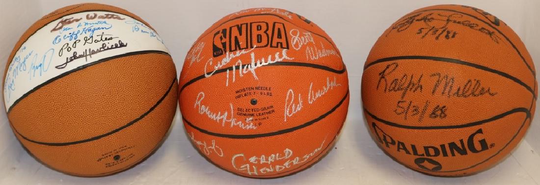 3 SPAULDING NBA SIGNED BASKETBALLS TO INCLUDE: ONE SIGNED BY CLYDE LOVELLETTE, RALPH MILLER, WES UNSELD. ONE IS SIGNED BY KEVIN MCHALE, CEDRIC MAXWELL, RED AUERBACH., K.C. JONES, GREG KITE, DENNIS JOHNSON, M.L. CARR AND GERALD HENDERSON. THE 3RD I