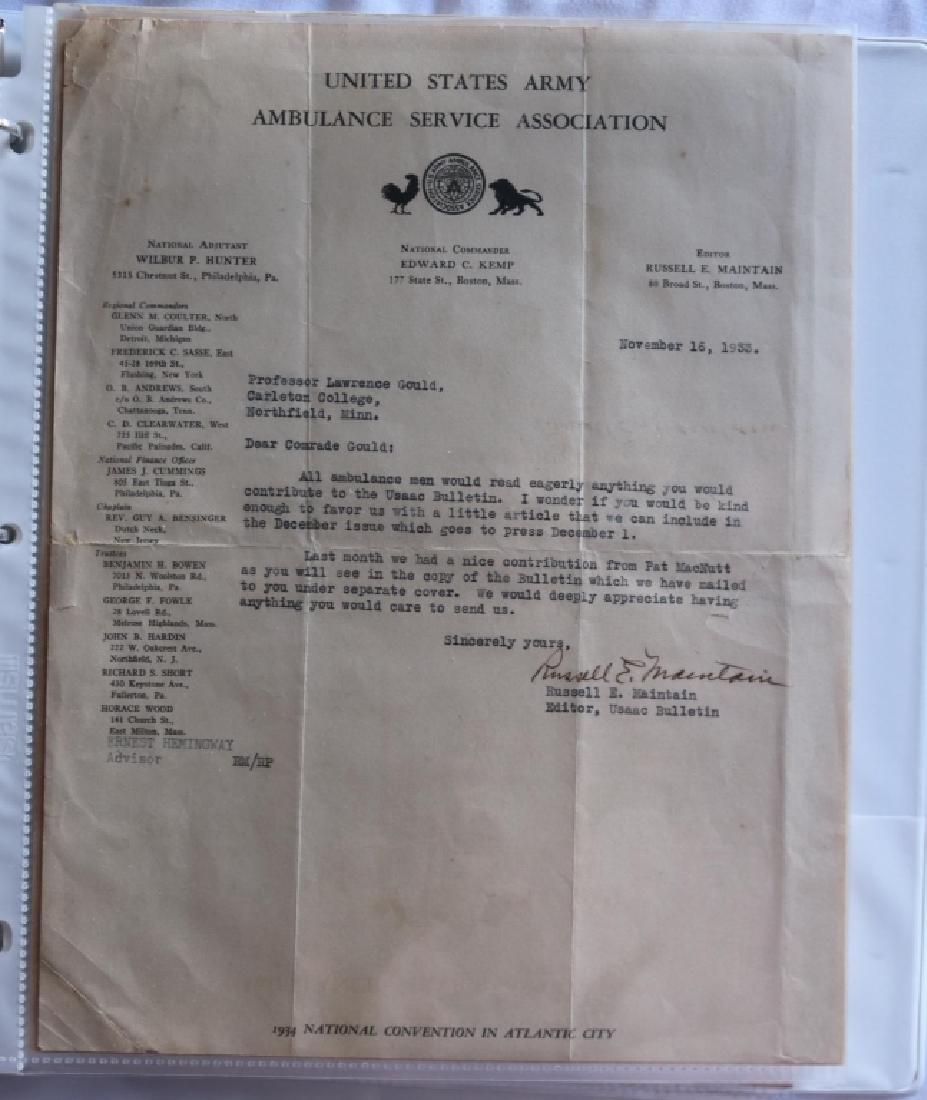 14 PAPERS RELATED TO ERNEST HEMINGWAY. THIS: BINDER WITH LETTERS AND CORRESPONDENCE THAT WAS PRIMARY SENT TO HEMINGWAY, BUT ONE IS AUTOGRAPHED AT THE TOP, WHICH IS A FOREIGN LETTER FROM WHALEY-EATON-SERVICE, DEC. 1, 1936. ANOTHER LETTER IS TO HI