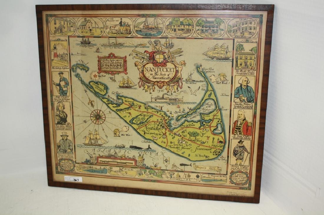 1926 FRAMED MAP OF NANTUCKET BY TONY SARG, SIGNED.: NICE COLORED LITHOGRAPH IN PERIOD FRAME, PENCIL SIGNED LOWER RIGHT. SHOWS SOME LIGHT FOXING, SOME DIRT OR MOLD ON INSIDE GLASS. SIGHT SIZE 16" X 18 1/2", OVERALL WITH FRAME 17" X 19 1/2".
