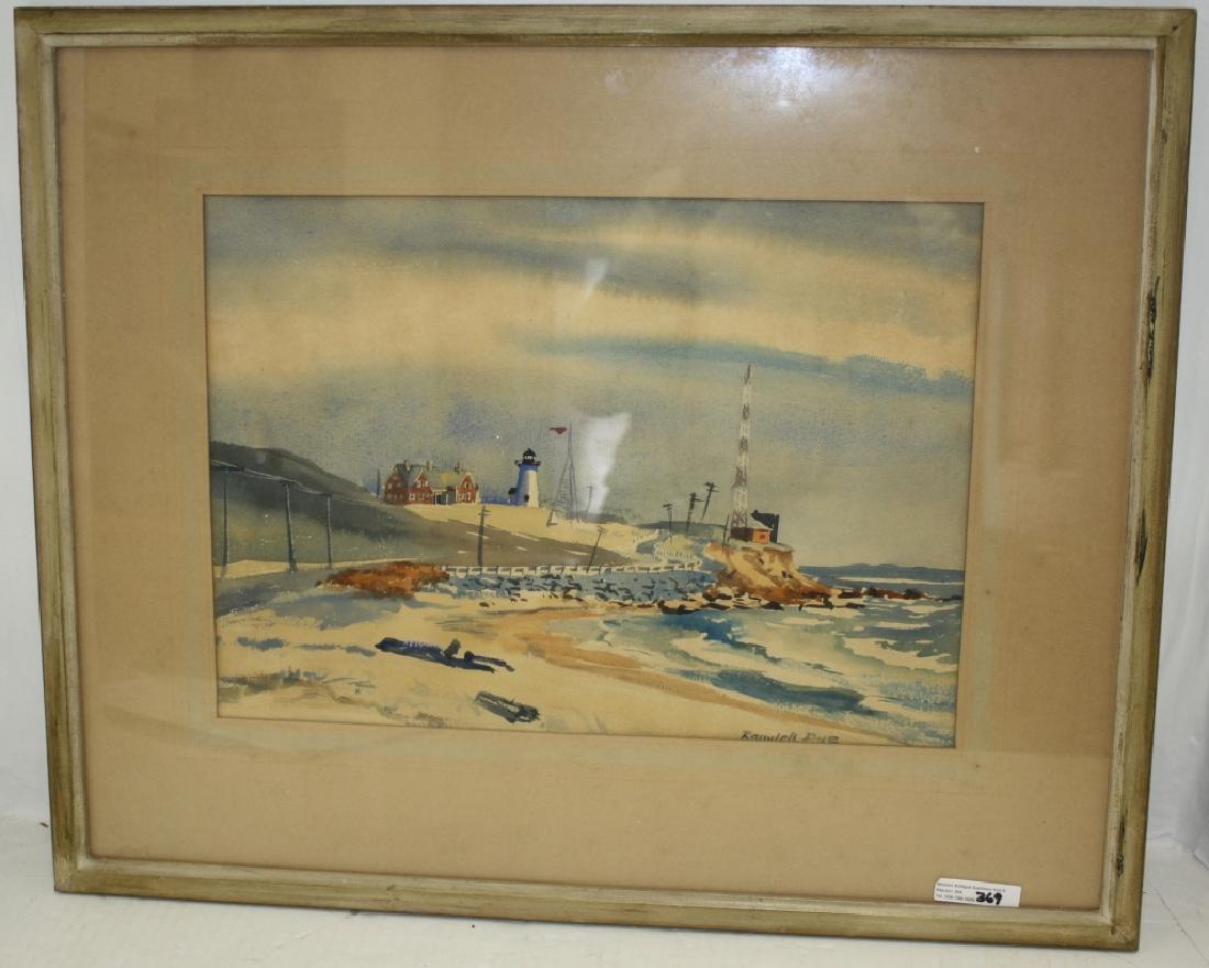 RANULPH BYE (1916-2003, PENN, NY), WATERCOLOR: DEPICTING A LIGHTHOUSE ON THE COAST, SIGNED LOWER RIGHT. SIGHT SIZE 11 1/4" X 15 1/2", OVERALL WITH PERIOD FRAME 19" X 23".