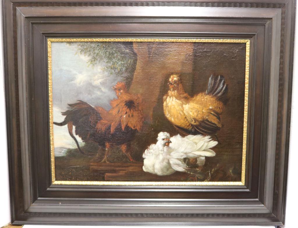 GYSBERT GILLISZ DE HONDECOETER (1604-1653,: DUTCH), OIL PAINTING ON CANVAS "POULTRY IN A LANDSCAPE", DEPICTS CHICKENS WITH FANCY PLUMAGE, SIGHT SIZE 19 1/2" X 26 1/2", OVERALL 32 3/4" X 39 1/2". SHOWS SEVERAL AREAS OF INPAINTING. PROVENANCE: PU