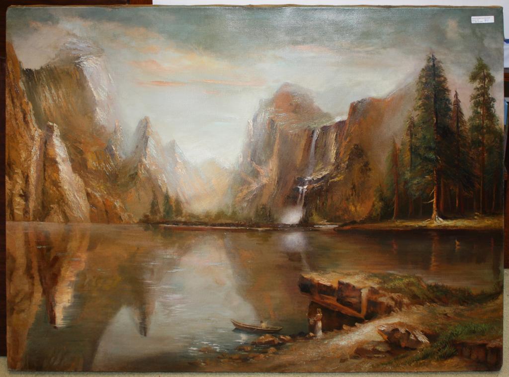 THOMAS VIRGIL TROYON HILL, JR. (1871-1922, CAL),: UNFRAMED OIL PAINTING ON CANVAS, TITLED "YOSEMITE VALLEY" WITH ITS ICONIC WATERFALL AND SNOW CROPPED MOUNTAINS. PROBABLY PAINTED IN 1922. HILL WAS THE SON OF LANDSCAPE PAINTER THOMAS HILL. SIGNED LOWE