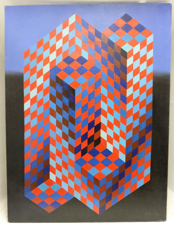 VICTOR VASARELY (1906-1997, FRANCE, HUNGARY).: HE WAS BORN IN HUNGARY AS GYOZO VASARAHELYI, MOVED TO PARIS IN 1930 AND BECAME A SUCCESSFUL COMMERCIAL ARTIST. ARCYLIC ON CANVAS, ABSTRACT CUBIST OP ART, A QUINTESSENTIAL VASARELY WITH RED AND BLUE CU