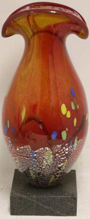 LARGE ITALIAN ART GLASS VASE, 20TH C, MURANO,: MICA FLAKES, ABSTRACT COLORED SPOT DECORATION, 17 3/4" HIGH X 9" DIAMETER. GOOD CONDITION.