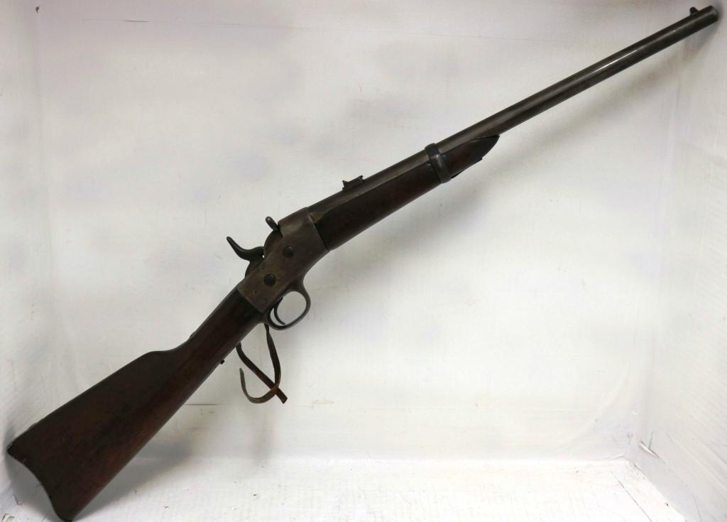 MID-19TH C SADDLE RING CARBINE WITH ROLLING: BLOCK MECHANISM, WALNUT STOCK, UNMARKED, CIVIL WAR ERA. OLD FINISH, 35 1/2" LONG, 19" BARREL, WORKING CONDITION.