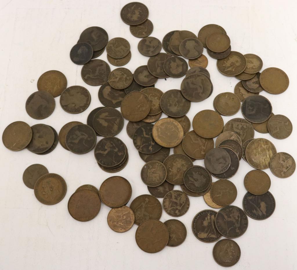 LARGE LOT OF MOSTLY BRITISH LARGE PENNY AND HALF: PENNY COINS, LARGELY ANTIQUE, 19TH C AND 20TH C.