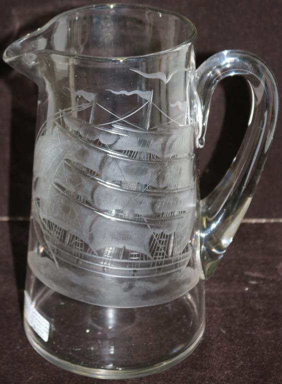 ENGRAVED PAIRPOINT GLASS PITCHER DEPICTING THE: WHALESHIP "C. W. MORGAN". COLONEL GREEN COMMISSIONED THIS TO RAISE MONEY TO KEEP THE MORGAN AT ROUND HILL IN SOUTH DARTMOUTH. 8 3/4" HIGH.
