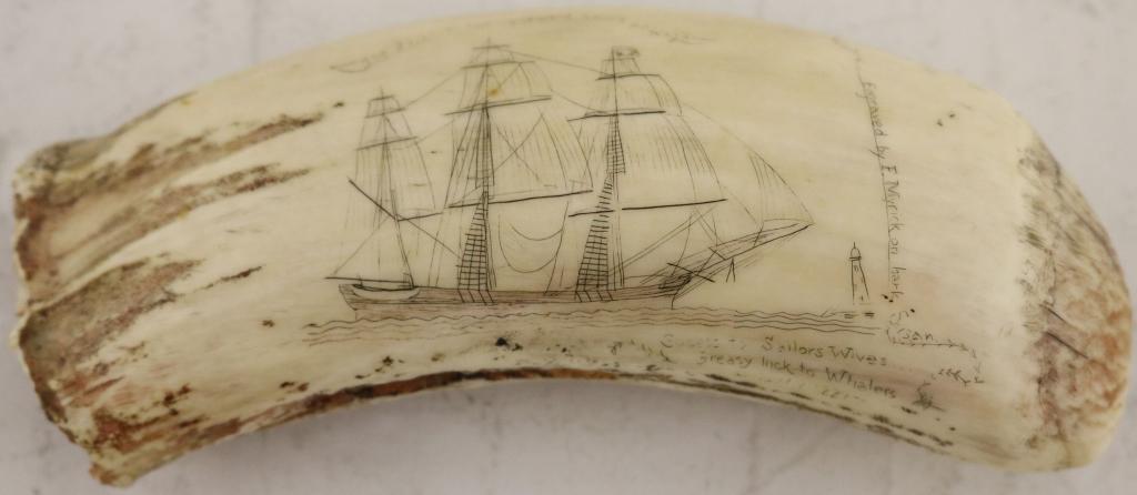 20TH C SCRIMSHAW WHALE TOOTH ENGRAVED: "F. MYRICK ON THE BARK SUSAN". THE SCRIMSHAW IS NOT THE WORK OF MYRICK AND IS A 20TH C COPY OF THIS FAMOUS TOOTH. 5" LONG. SHIPPING RESTRICTION: CANNOT BE SHIPPED OUT OF STATE.