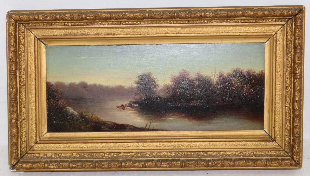 19TH C OIL PAINTING ON BOARD, SIGNED AND DATED: ADAMS 1888 (PROBABLY CHARLES L. ADAMS, 1857-1914). EXHIBITED AT BOSTON ART CLUB. RIVER SCENE WITH COWS. SIGHT SIZE 5 1/2" X 13", OVERALL WITH FRAME 9 1/4" X 16 3/4".