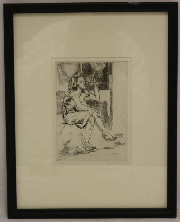 ISABEL (WOLFF) BISHOP (1902-1988, NY & OHIO): ETCHING TITLED "GIRL BLOWING SMOKE RINGS", 1945, SIGNED IN PENCIL LOWER RIGHT #23/25, SIGHT SIZE 7 1/2" X 5 1/2", OVERALL WITH FRAME 15" X 11 3/4".