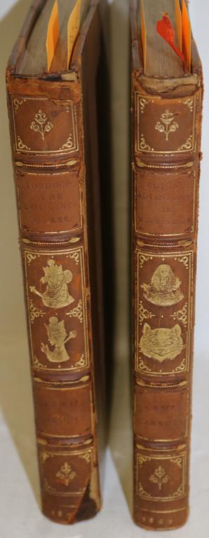 2 LEATHER & CLOTH BOUND BOOKS BY LEWIS CARROLL: TO INCLUDE "THROUGH THE LOOKING GLASS", PUBLISHED BY MACMILLAN & CO., LONDON, 1872, PROBABLY A FIRST EDITION, 50 ILLUSTRATIONS BY JOHN TENNIEL, 7" X 5". LEATHER SPINE AND CORNERS SHOW WEAR AND MINOR L