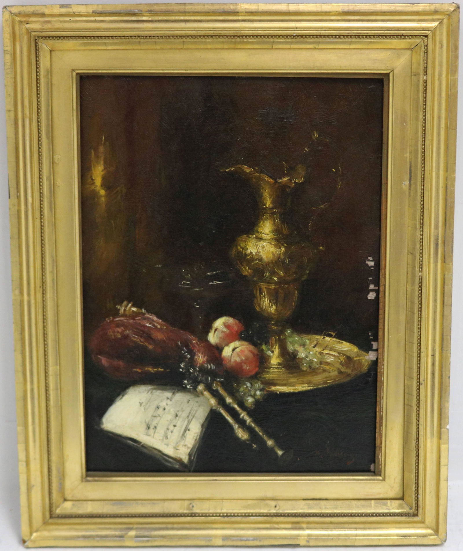 ANTOINE VOLLON (1833-1900, FRANCE) OIL PAINTING: ON BOARD DEPICTING A STILL LIFE OF EWER, TRAY, APPLES, AND BAGPIPES. SIGHT SIZE 13 1/4" X 10 1/2", WITH ORIGINAL GILDED FRAME 18" X 14 1/2". SHOWS MINOR PAINT LOSS TO RIGHT SIDE, AND ORIGINAL PLACARD