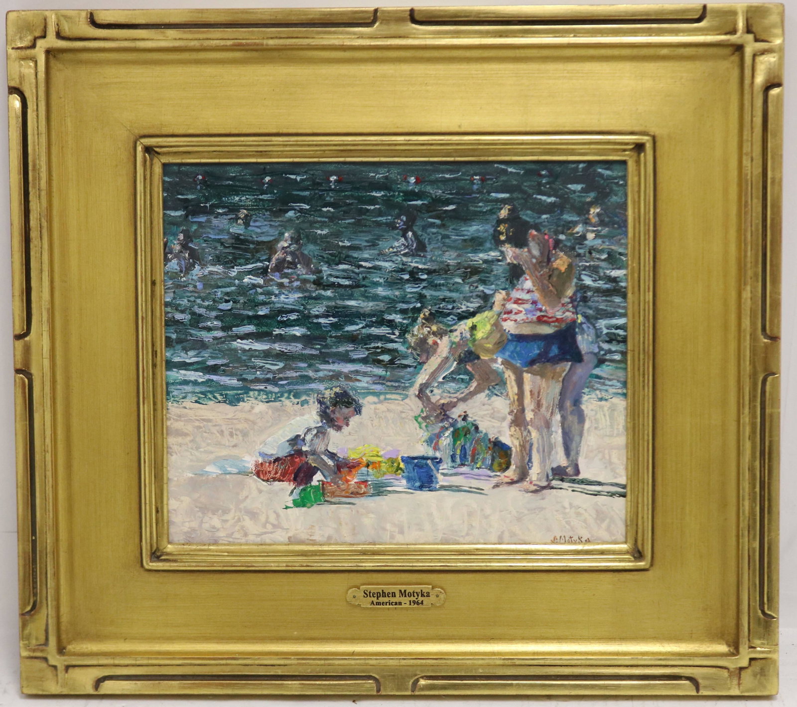 STEVE MOTYKA (20TH/21ST CENTURY ARTIST, RI) OIL: ON BOARD, TITLED "SAND TOYS". SIGNED LOWER RIGHT. SIGHT SIZE 12" X 10", WITH CARVED AND GILDED FRAME BY MOTYKA 17" X 19"