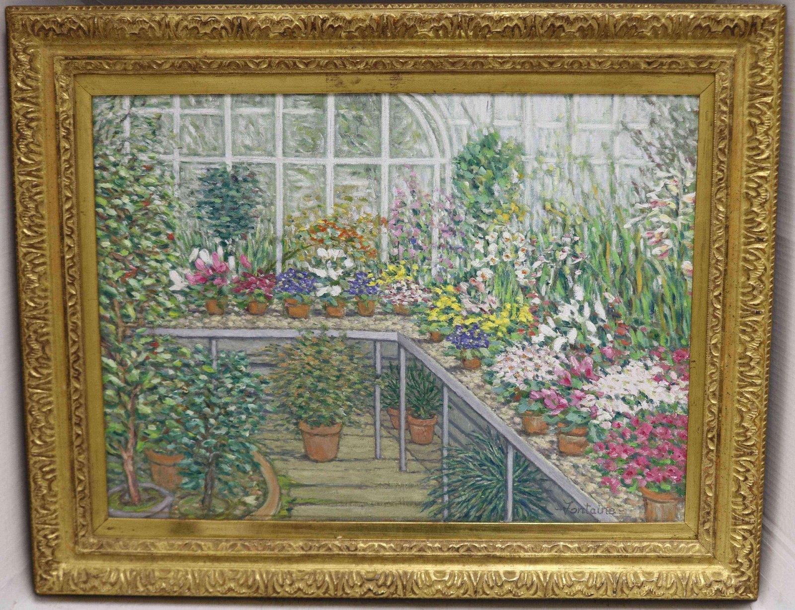 E JOSEPH FONTAINE (1929-2004, MA, RI, ITALY) OIL: ON CANVAS, TITLED "IN THE GREENHOUSE". SIGNED LOWER RIGHT. EXCELLENT OVERALL CONDITION. SIGHT SIZE 19" X 25 1/2", WITH ORIGINAL CARVED AND GILT FRAME 26" X 32 1/2".