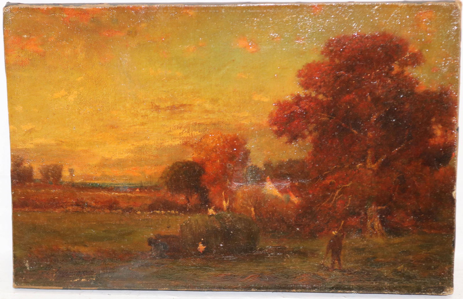GEORGE INNESS (1825-1894, NY, MA, SCOTLAND): UNFRAMED OIL ON CANVAS, DEPICTING A HARVEST SCENE WITH FIGURE AT SUNSET. SHOWS OLD REPAIR AND SOME INPAINTING. 9 1/2" X 14 1/4".