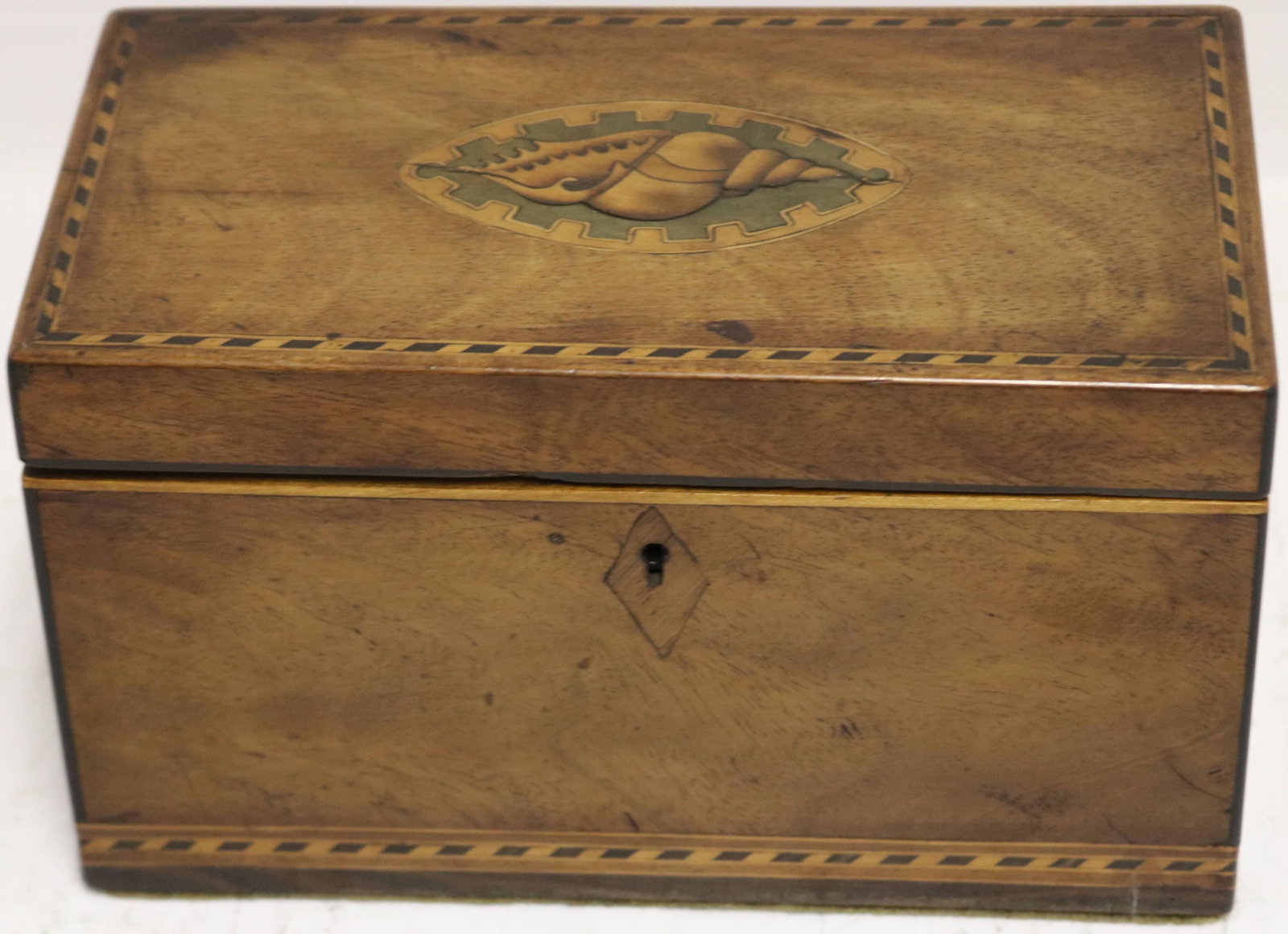 EARLY 19TH CENTURY INLAID TEA CADDY WITH DOUBLE: COMPARTMENT INTERIOR. OVAL INLAID SHELL ON TOP. 5" HIGH, 8 1/4" WIDE, 4 1/2" DEEP.