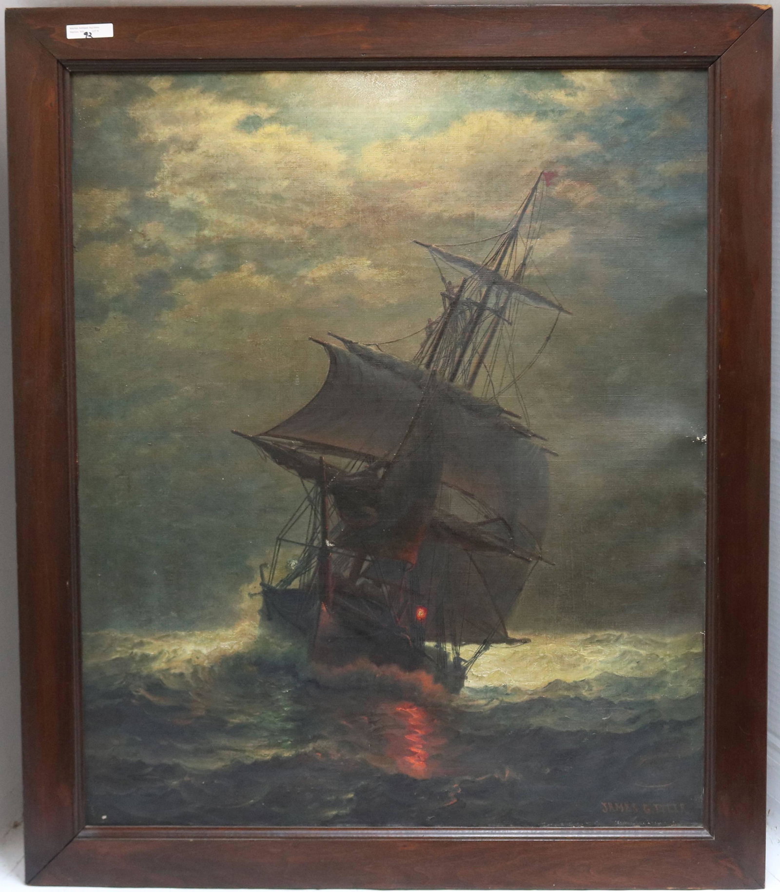 JAMES GALE TYLER (1855-1931, CT, NY, MARITIME: PAINTER AND ILLUSTRATOR) PAINTING TITLED "SHIP IN MOONLIGHT". SIGNED LOWER RIGHT. SHOWS SLIGHT PAINT LOSS. SIGHT SIZE 29 1/2" X 24 1/4". IN A PERIOD MAHOGANY FRAME. 34" X 29 1/2".