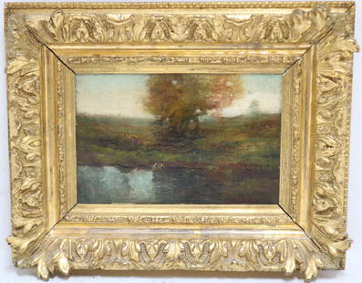 LOUIS H RICHARDSON (1853-1923, NY, MA, SOUTH: DARTMOUTH) FRAMED OIL ON BOARD, DEPICTING AN AUTUMN LANDSCAPE WITH WATER. SIGNED LOWER RIGHT, ALSO SIGNED ON VERSO AND DATED 1911. IN A PERIOD CARVED AND GILDED FRAME THAT SHOWS SOME OLD REPAIRS TO CO