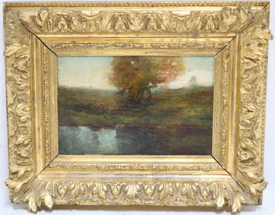 LOUIS H RICHARDSON (1853-1923, NY, MA, SOUTH: DARTMOUTH) FRAMED OIL ON BOARD, DEPICTING AN AUTUMN LANDSCAPE WITH WATER. SIGNED LOWER RIGHT, ALSO SIGNED ON VERSO AND DATED 1911. IN A PERIOD CARVED AND GILDED FRAME THAT SHOWS SOME OLD REPAIRS TO CO