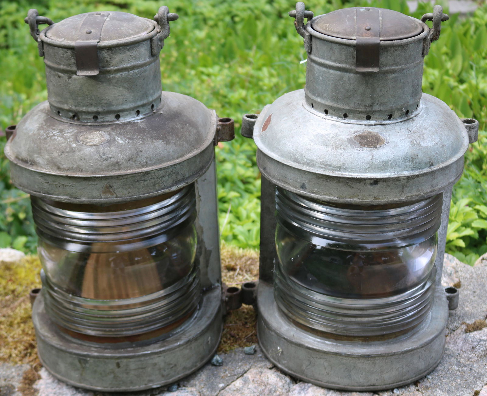 PAIR OF CA. 1900 SHIPS LANTERNS. METAL WITH CLEAR: RIBBED LENSES. BY PERKO, BROOKLYN, NY, PERKINS MARINE CO. OLD WORN FINISH WITH BURNERS. 18 1/2" X 12" X 9". 5" SWING HANDLE. GOOD, AS FOUND CONDITION.