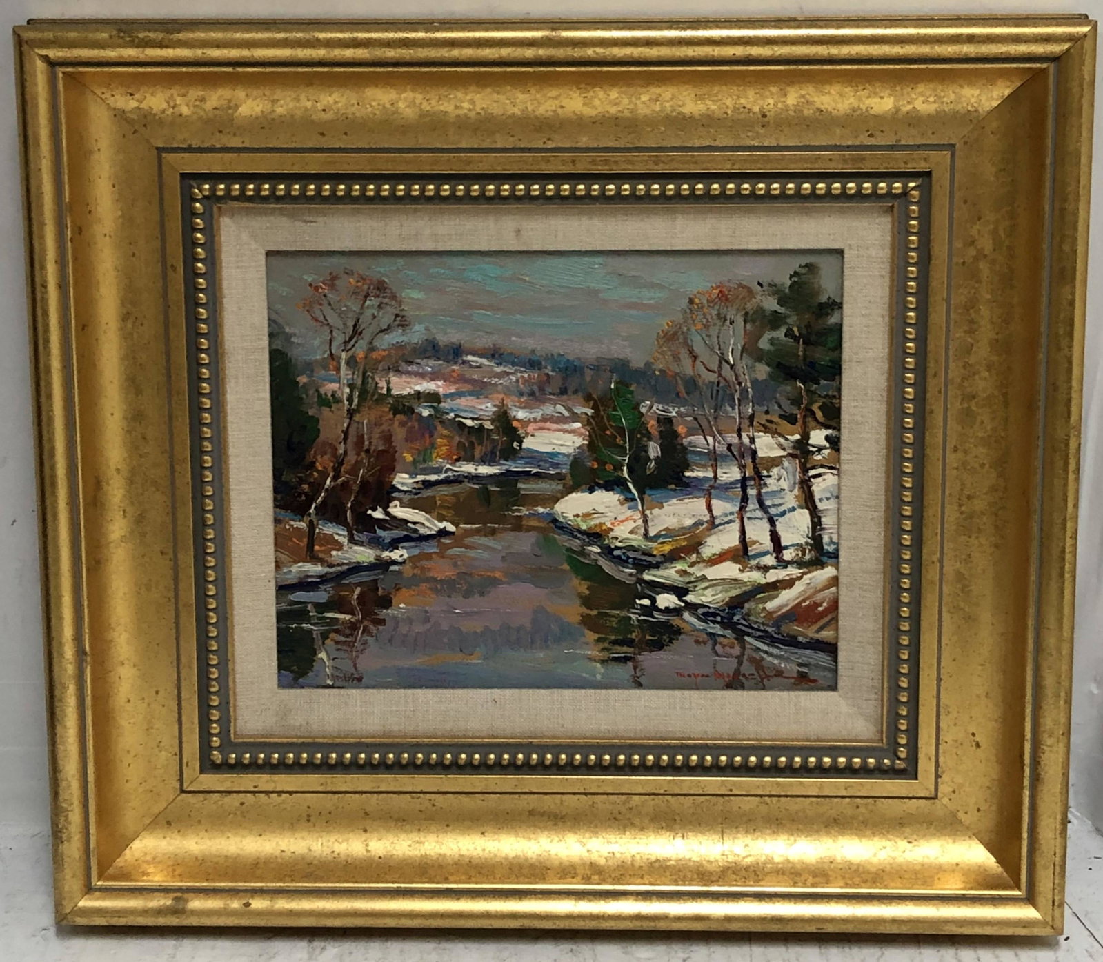 WAYNE BEAM MORRELL (1923-2013, MA, NJ) OIL ON: ARTIST BOARD, TITLED "SUNLIT IPSWICH WINTER STREAM". SIGNED LOWER RIGHT. SIGHT SIZE 7.5" X 9.5", WITH GILDED FRAME 15" X 17". SIGNED AND IDENTIFIED ON VERSO.
