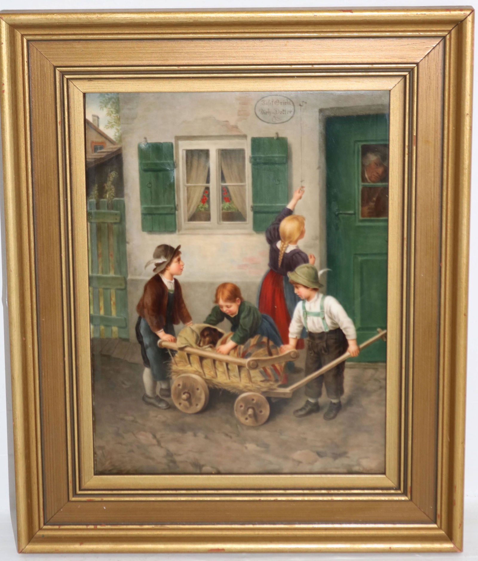 LATE 19TH CENTURY KPM PORCELAIN PLAQUE DEPICTING: FOUR CHILDREN WITH A DOG. SIGNED LOWER RIGHT A BLATTNER. IMPRESSED KPM MARK ON VERSO WITH NUMBER 255 195. HAS MARK WITH H & B. EXCELLENT CONDITION. MODERN GOLD FRAME. 10" X 7 1/2".