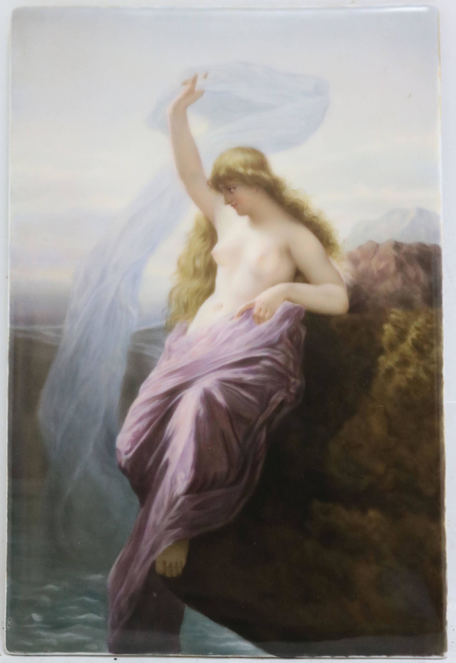 LATE 19TH CENTURY HAND PAINTED PORCELAIN PLAQUE,: PROBABLY GERMAN, DEPICTING A SEMI-NUDE MAIDEN. SIGHT SIZE 8 1/2" X 5 3/4". SIGNED ILLEGIBLY ON VERSO.