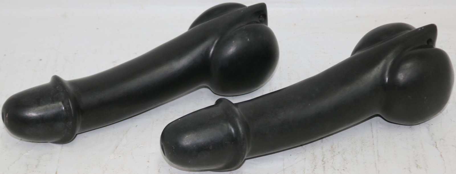 LOT OF TWO BLACK DIORITE STONE PHALLIC AMULETS.: VERY HEAVY. 9 1/4" LONG.