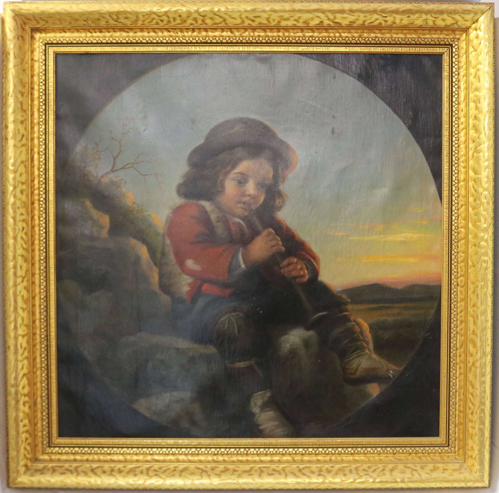 LATE 19TH CENTURY OIL ON CANVAS, UNSIGNED.: DEPICTS A YOUNG SHEPHERD-BOY PLAYING A FLUTE. SIGHT SIZE 28 3/4" X 28 3/4", WITH MODERN GILDED FRAME 36 1/2" X 36 1/2". REFRAMED, MINOR INPAINTING.