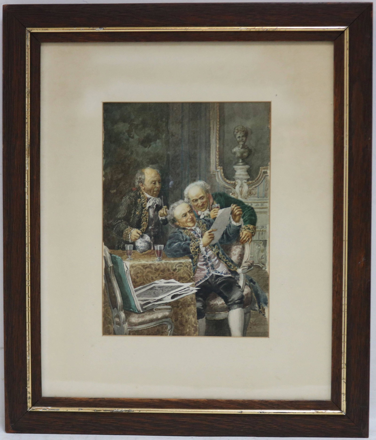 ROBERTO ROBERTI (1786-1837, ITALIAN) FRAMED AND: GLAZED WATERCOLOR DEPICTING THREE OLD MEN DRINKING WHILE OGLING DRAWINGS OF NUDE WOMEN. SIGNED LOWER RIGHT. OAK FRAME. SIGHT SIZE 9" X 6 1/2", OVERALL 16 1/2" X 14".