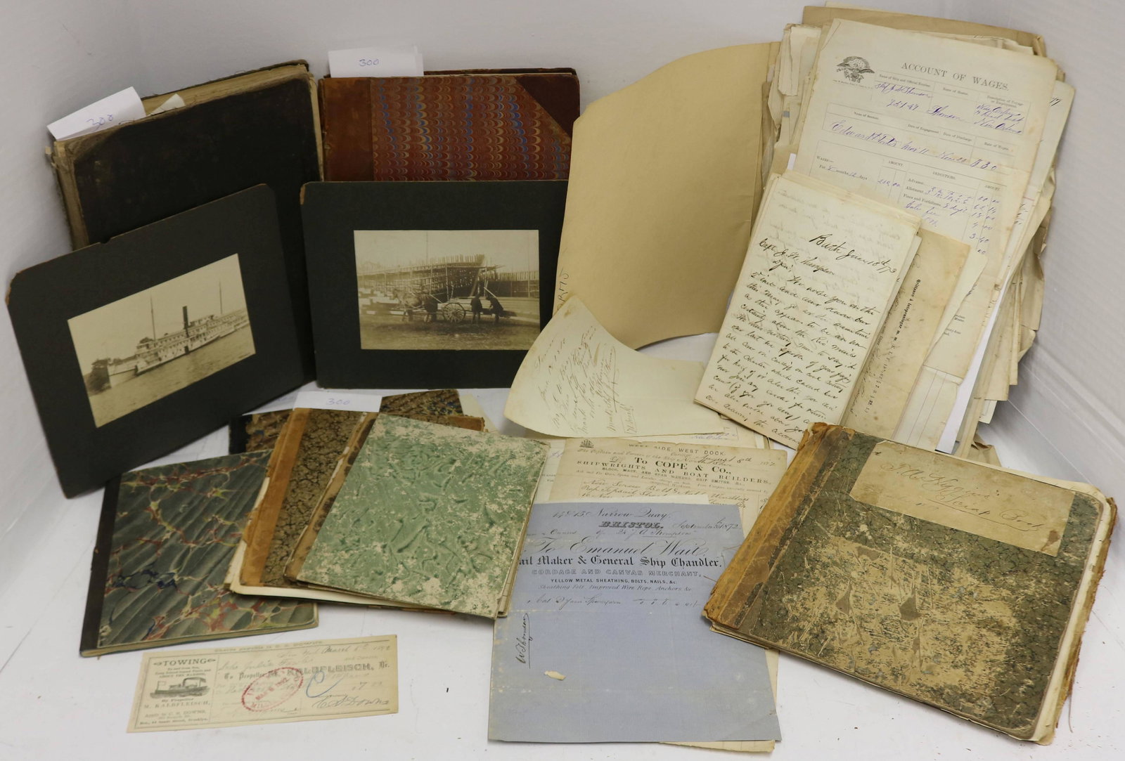 LARGE LOT OF MOSTLY LATE 19TH CENTURY EPHEMERA: RELATED TO SHIPPING AND WHALING. APPROXIMATELY 250 PIECES TO INCLUDE NUMEROUS ITEMS FROM CAPTAIN JOHN WESLEY THOMPSON OF MAINE. HE WAS BORN IN THE 1830S AND COMMANDED AT LEAST TWO SHIPS FROM BATH, ME: