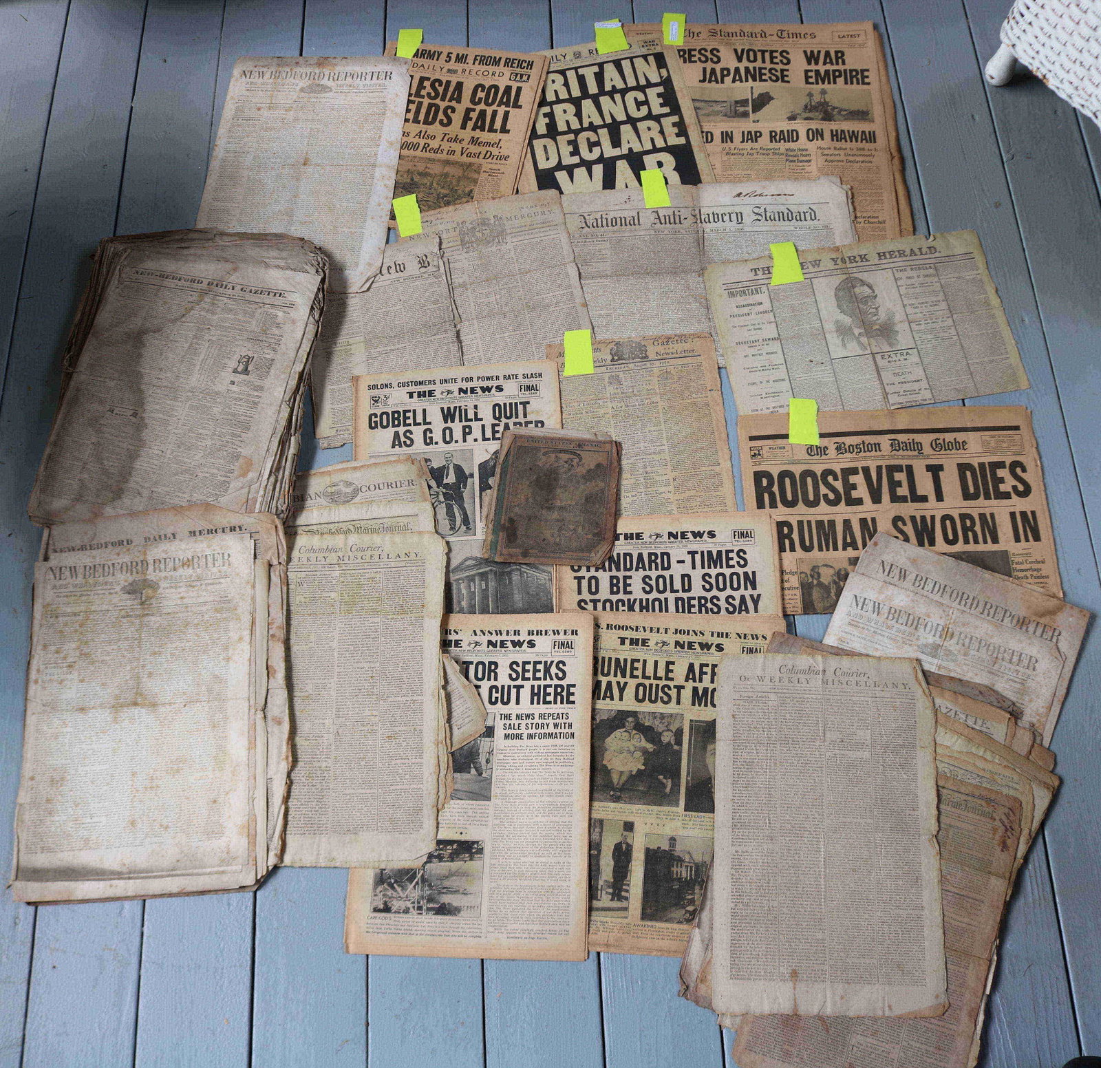LARGE LOT OF APPROXIMATELY 232 NEWSPAPERS DATING: FROM 1772-1945. MOSTLY MASSACHUSETTS PAPERS. HIGHLIGHTS INCLUDE: AUGUST 1772 MASSACHUSETTS GAZETTE, 1775 NEWPORT MERCURY WITH A LETTER TO THE EDITOR CONCERNING UNREST IN THE COLONIES, 1856 ANTI-SLAVER