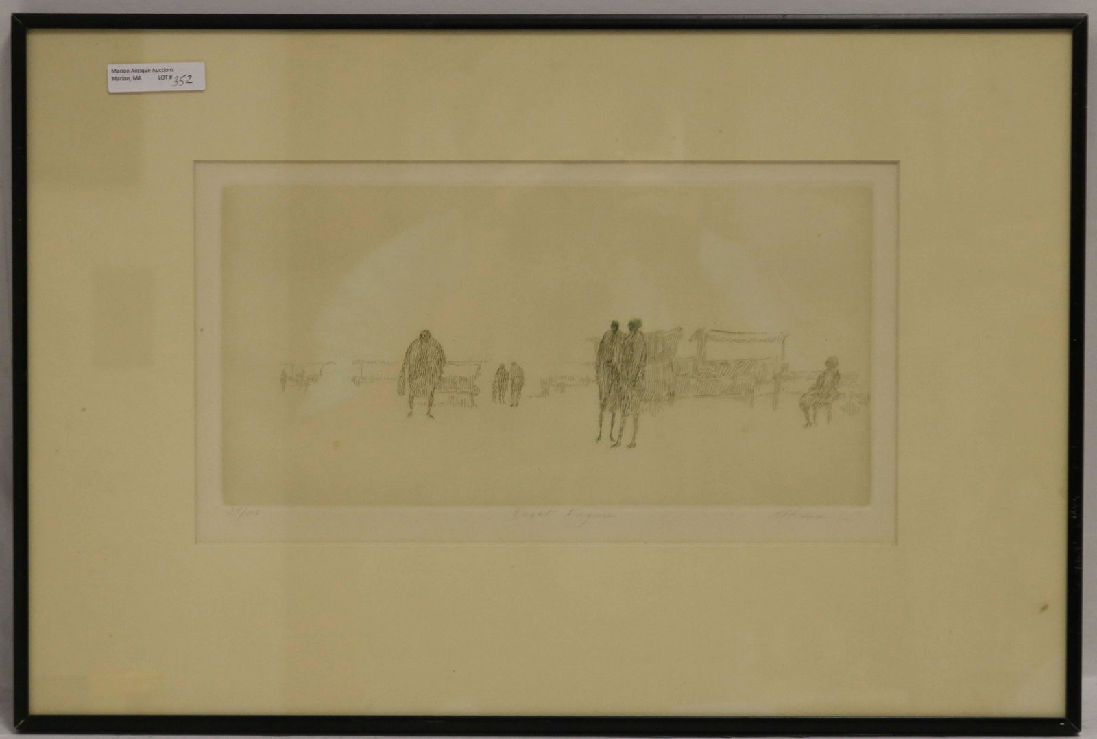 AFTER HAROLD ALTMAN (1924-2003, PA AND FRANCE): FRAMED ETCHING TITLED "8 FIGURES" #34/105 UV GLASS. SIGHT SIZE 7" X 12 1/2" WITH FRAME 13" X 19 1/4"