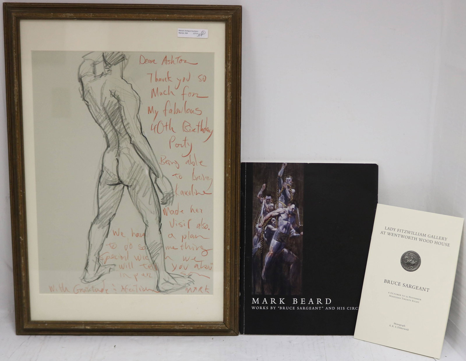MARK BEARD (B. 1956, NY, ARTIST AND SET DESIGNER): FRAMED GRAPHITE STUDY OF A NUDE MALE FIGURE FROM BEHIND. SIGNED LR WITH DEDICATION TO ASHTON "FOR MY FABULOUS 40TH BIRTHDAY PARTY". ALSO HAS AN EMBOSSED SEAL ON PAPER ATELIER MARK BEARD. SS 14 1/2" X
