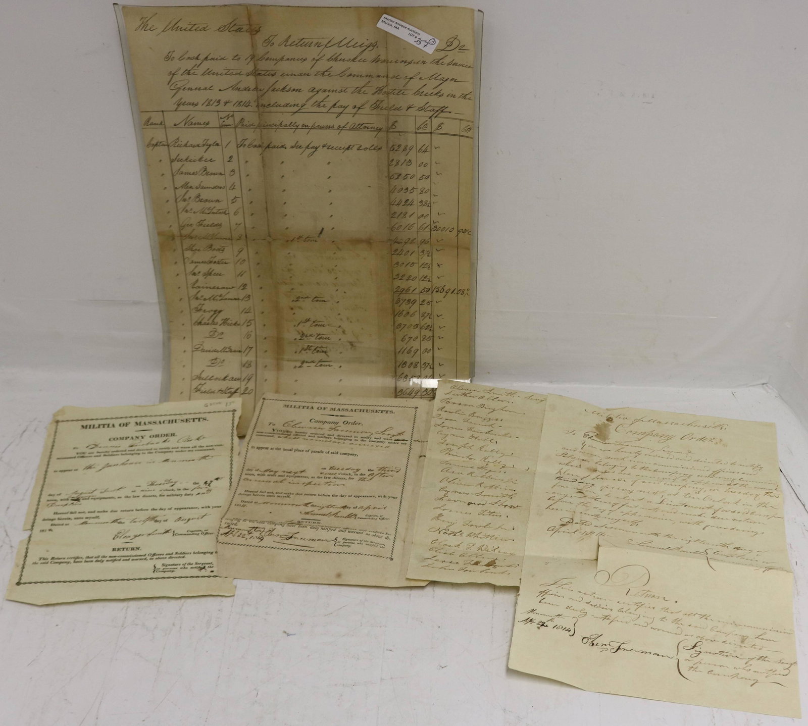 LOT OF THREE DOCUMENTS TO INCLUDE: AN 1813-14: PAYROLL ACCOUNT ADDRESSED FROM THE UNITED STATES TO RETURN J MEIGS (THE "INDIAN AGENT" FOR THE CHEROKEE. AN "INDIAN AGENT" WAS SOMEONE AUTHORIZED TO INTERACT WITH NATIVE AMERICAN TRIBES ON BEHALF OF T