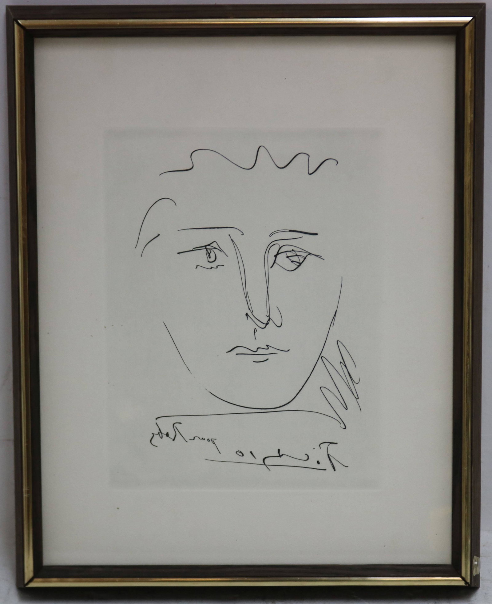 PABLO PICASSO (1881-1973, SPAIN, FRANCE) ETCHING: TITLED "POUR ROBY". PURCHASED FROM THE COLLECTOR'S GUILD LTD. FROM NEW YORK, HAS AUTHENTICATING STAMP ON VERSO. SIGNED ON FRONT IN PLATE. MODERN FRAME. PLATE SIZE 9" X 7", WITH MARGINS 14" X 11", OVER