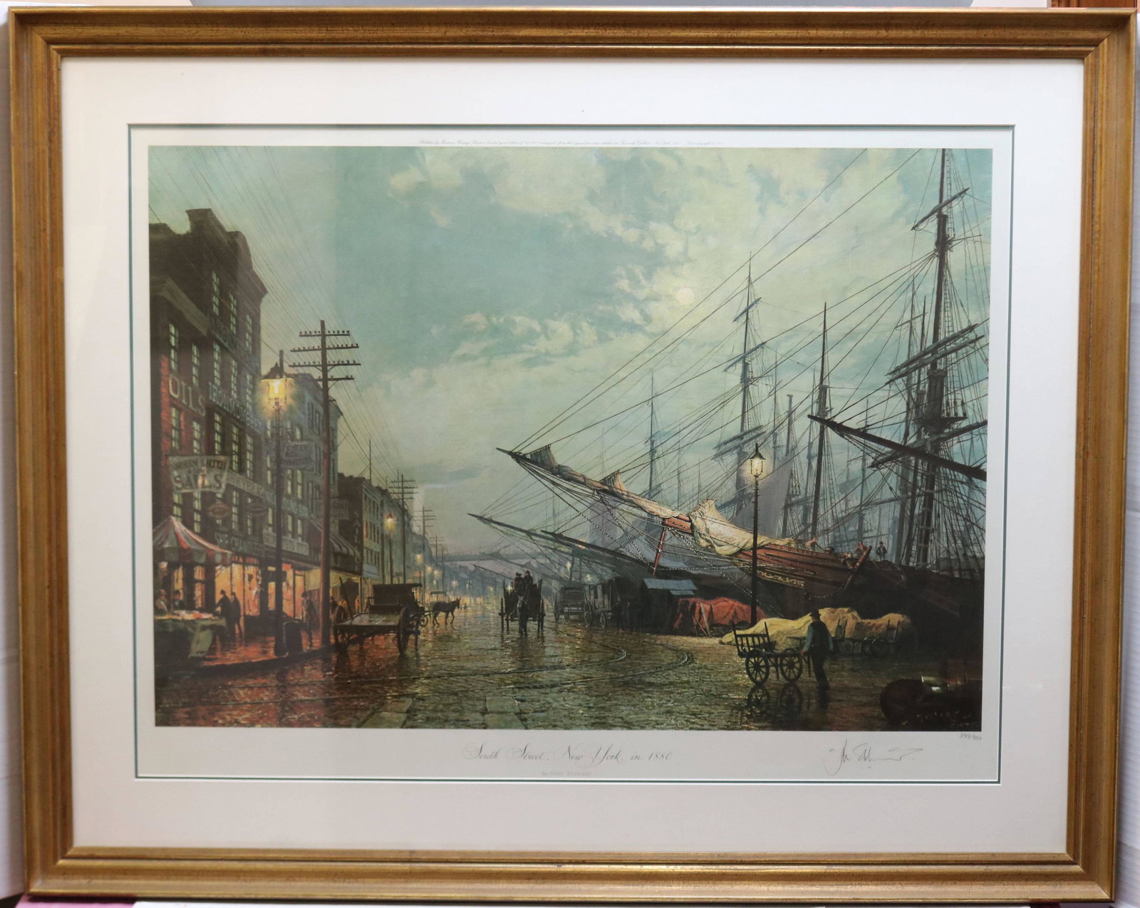 JOHN STOBART (B. 1929, NANTUCKET & WESTPORT,: MA), FRAMED AND GLAZED, SIGNED LIMITED EDITION COLORED PRINT NO. 599/950. SIGNED LOWER RIGHT, TITLED "SOUTH ST, NEW YORK IN 1880". SIGHT SIZE 26" X 34 3/4", OVERALL IN FRAME 35 1/2" X 44". FRAME HAS S