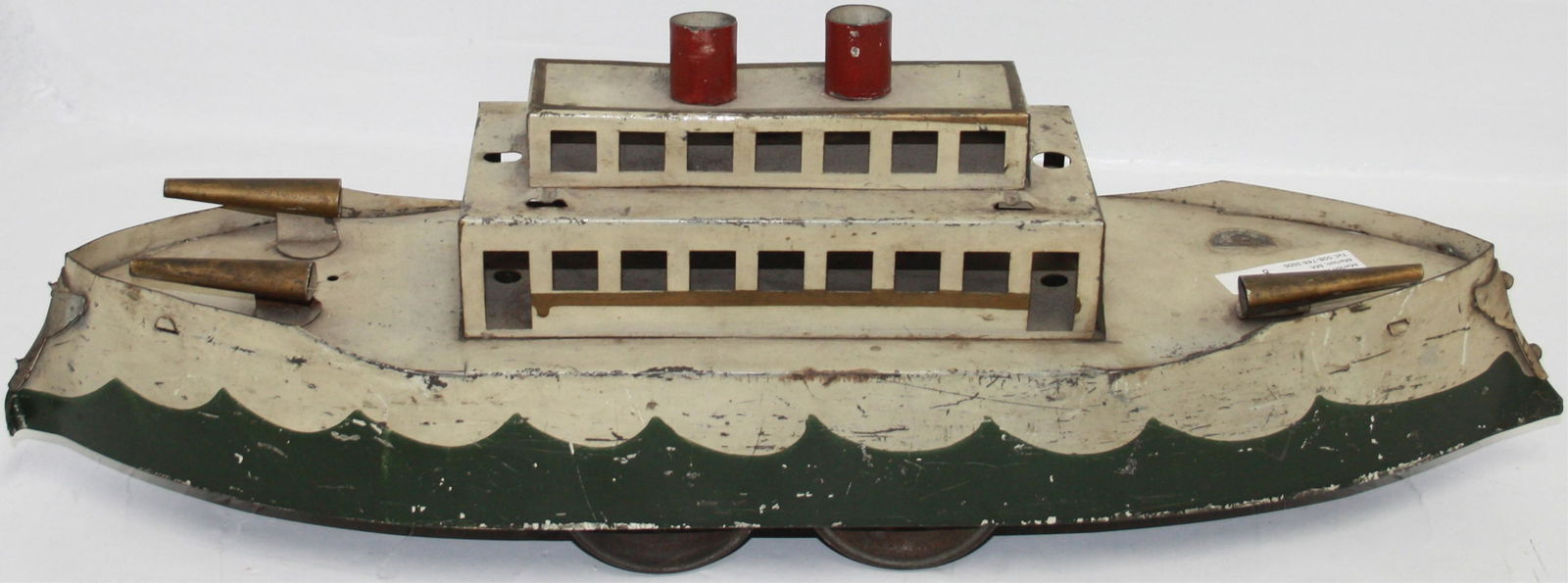 EARLY 20TH CENTURY PAINTED TIN TOY GUNBOAT. STEAM (1 of 4)