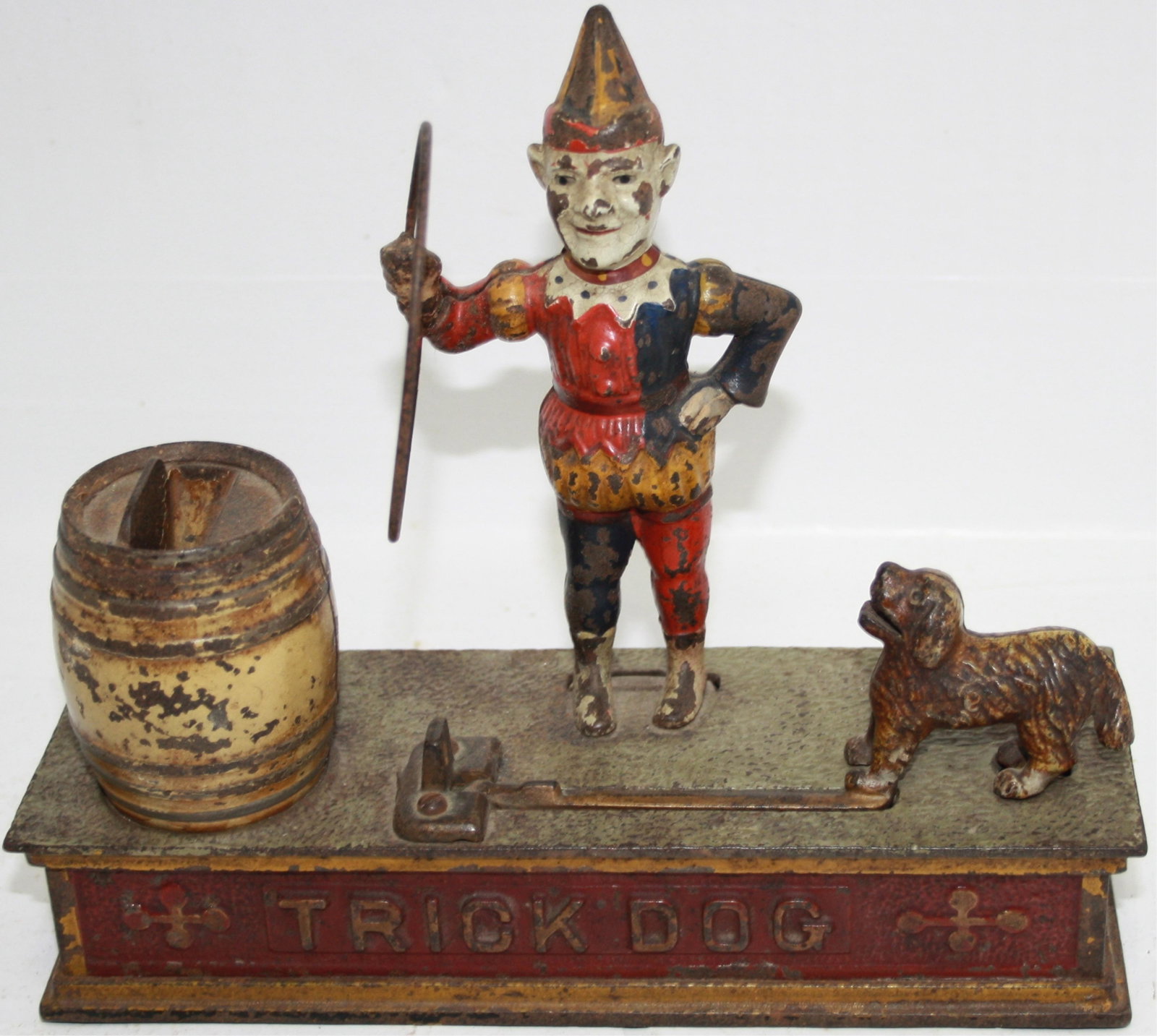 PAT. 1888 J&E STEPHENS, "TRICK DOG" MECHANICAL: BANK. ORIGINAL PAINT, WORN. WORKING CONDITION. 9" LONG, 8 1/2" HIGH, 3" WIDE.