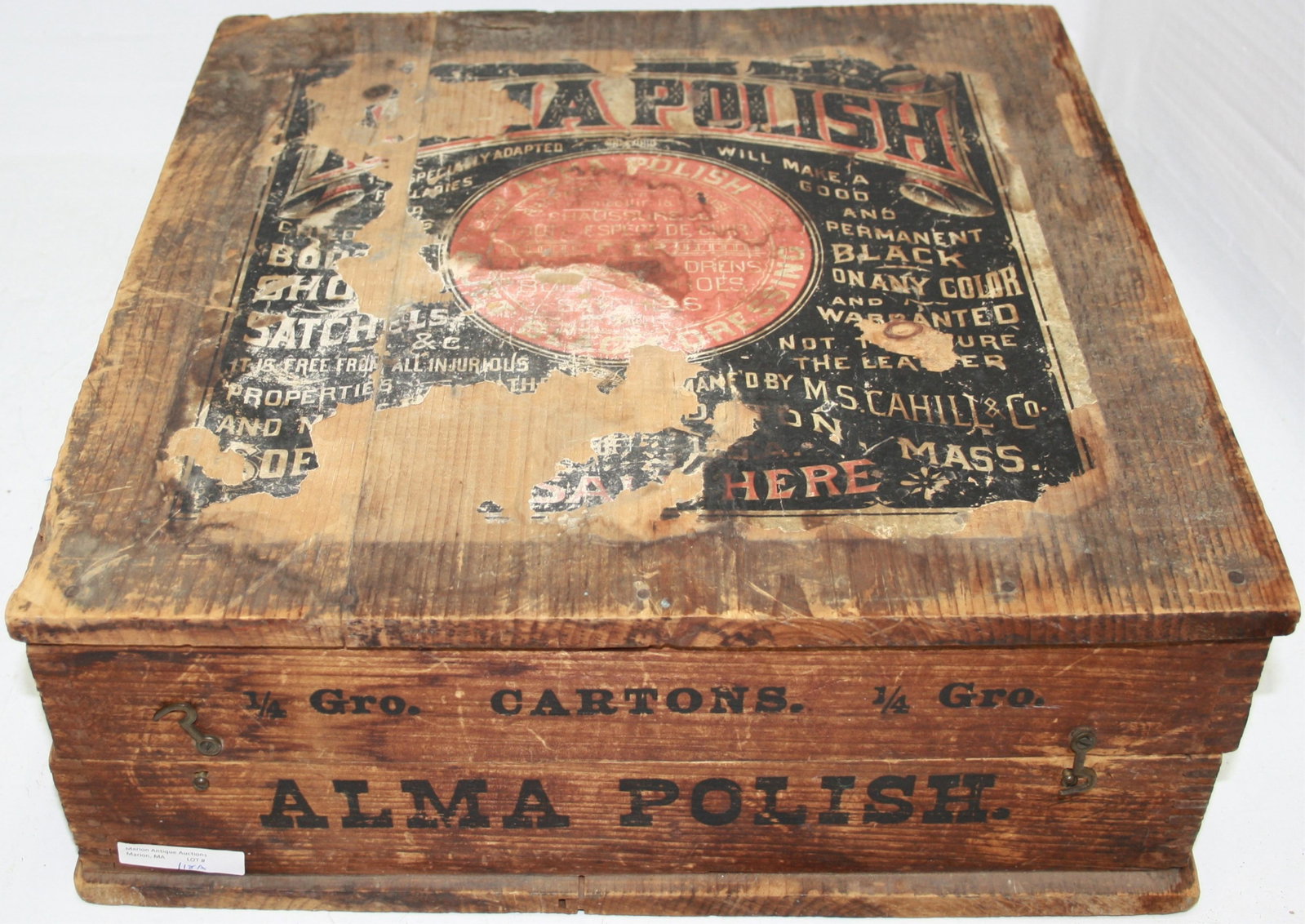 ALMA SHOE POLISH CHROMOLITHOGRAPH ADVERTISING: CRATE. THE ORIGINAL PAPER LITHOGRAPH COVERS, ALONG WITH ONE ON THE INTERIOR LID. INTERIOR LITHOGRAPH IS IN EXCELLENT CONDITION, SIDE LITHOGRAPH IN GOOD CONDITION, AND LITHOGRAPH ON LID TOP SHOWS EXTEN