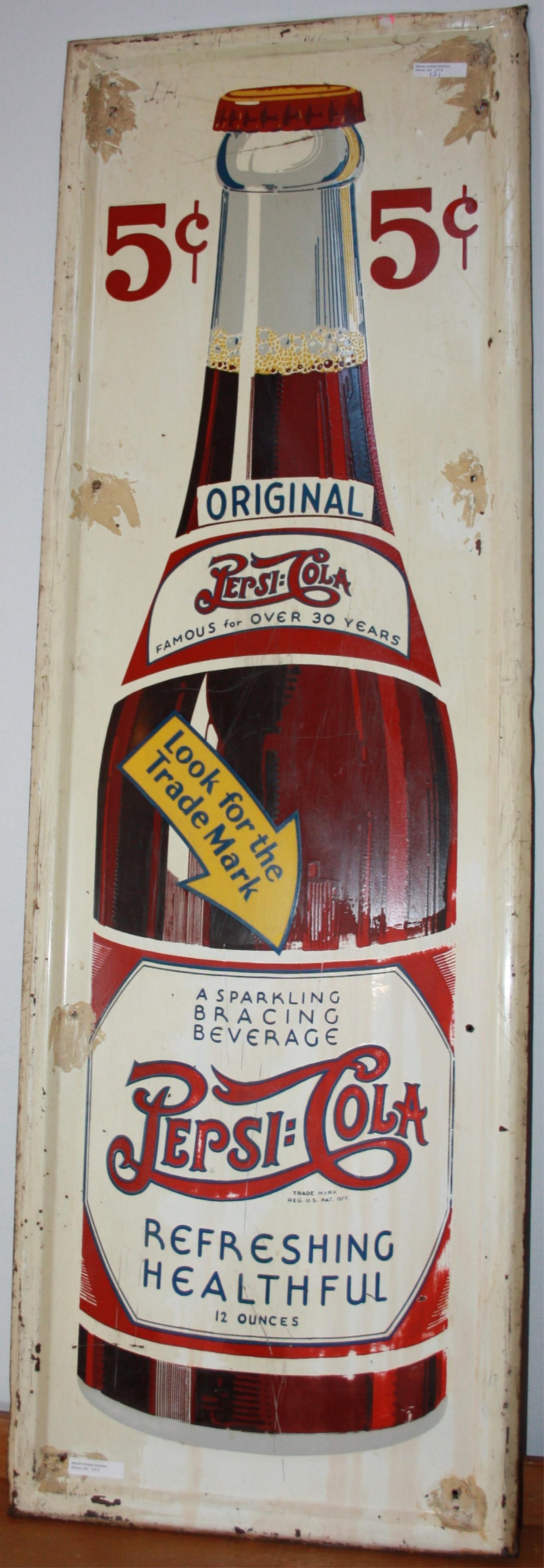 1930S PEPSI-COLA EMBOSSED TIN SIGN, 48" X 16". (1 of 7)