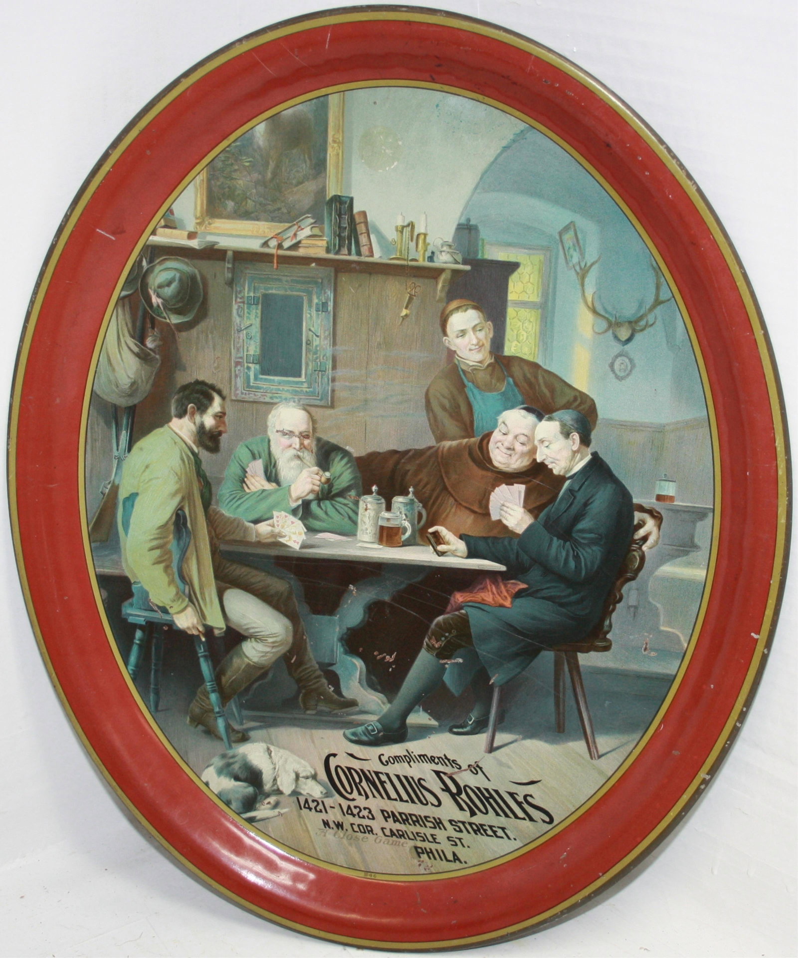 CORNELIUS ROHLES, CARLISLE ST, PHILADELPHIA TIN: SERVING TRAY. TITLED "A CLOSE GAME". 16 1/2" X 13 1/2". NICE ORIGINAL PAINT WITH MINOR SCRATCHES AND CHIPS.