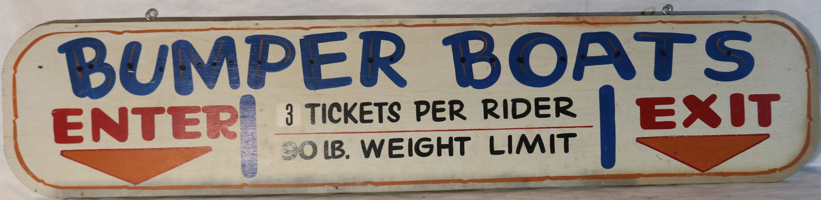 VINTAGE "BUMPER BOATS" SIGN, WOODEN, PAINTED WITH: ROUND ENDS. "ENTER, EXIT, ETC" 16" X 75 ½" LONG. SHOWS SLIGHT PAINT LOSS.