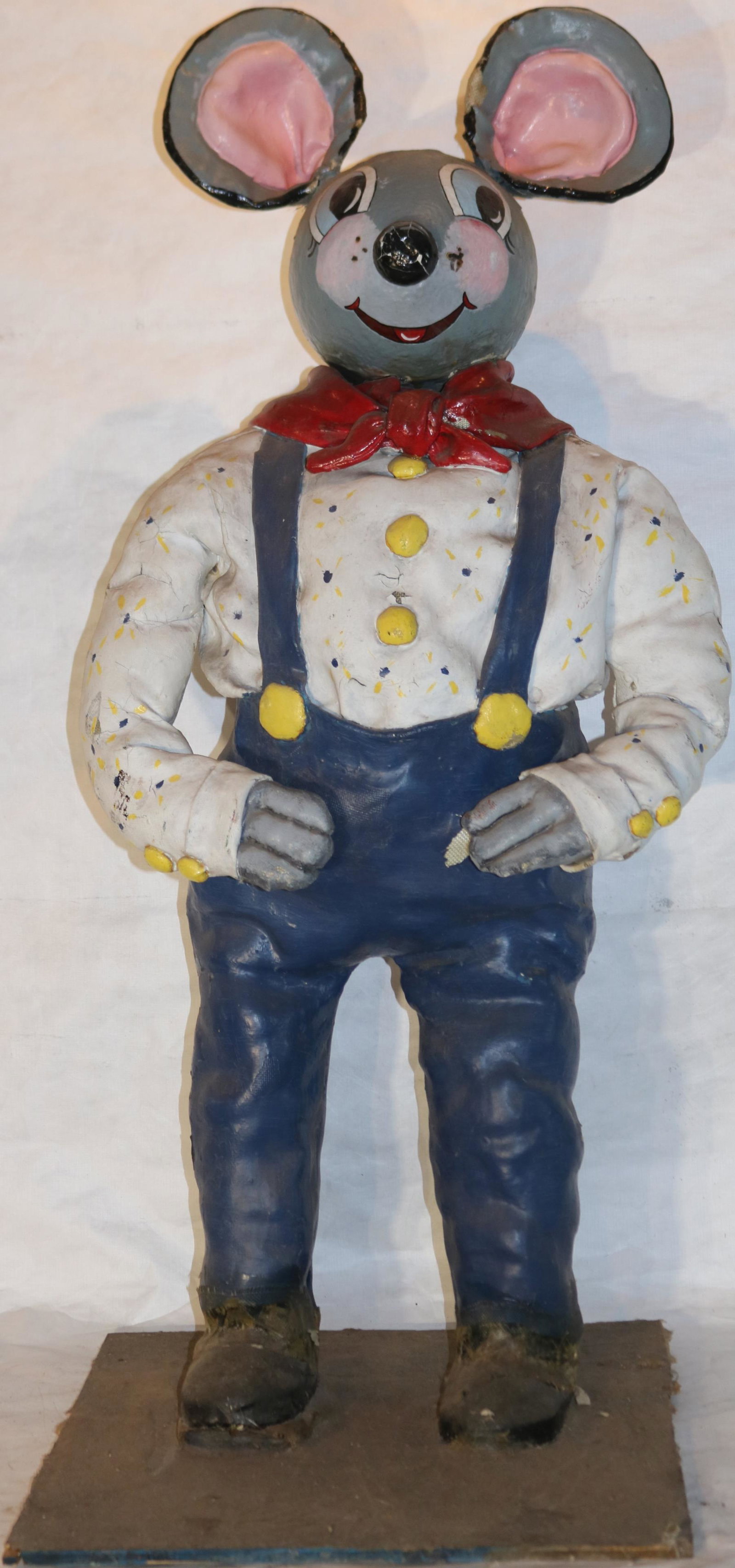 LATE 20TH CENTURY FIBERGLASS CLOWN MOUSE. SOME: PAINTING CRACKING AND PAINT LOSS TO REVEAL FIBERGLASS IN A FEW SPOTS. 44" HIGH X 19" X 19".