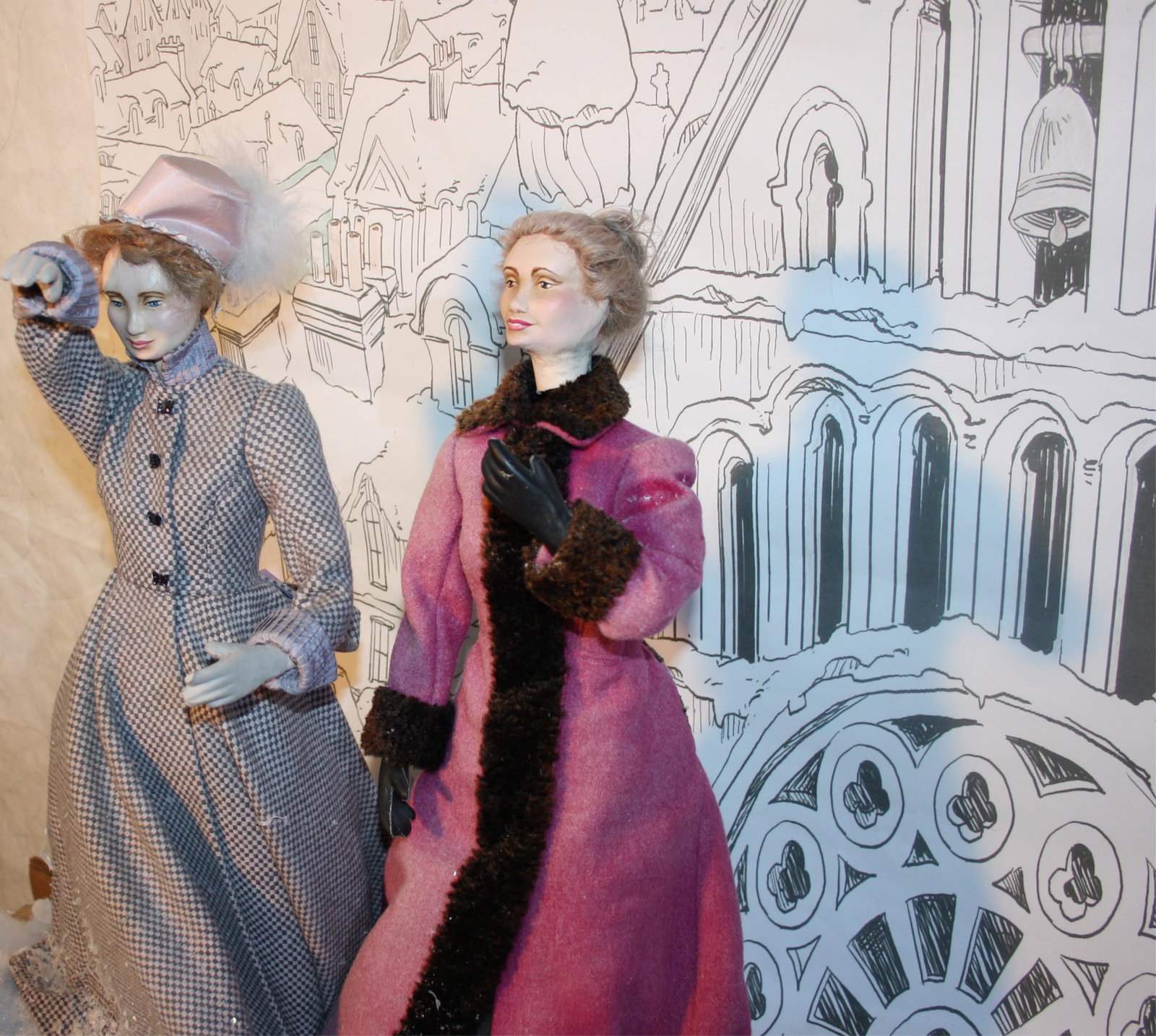 MID-20TH CENTURY DICKENSIAN CHARACTER AUTOMATON: OF 2 WOMEN ON ONE BASE, THE STAND IS MISSING. 26" TALL, ALONG WITH THE HEIGHT OF THE MOTOR, WHICH IS PRESENTLY NOT WORKING. POSSIBLY MADE BY SILVESTRI ART MANUFACTURING CO.