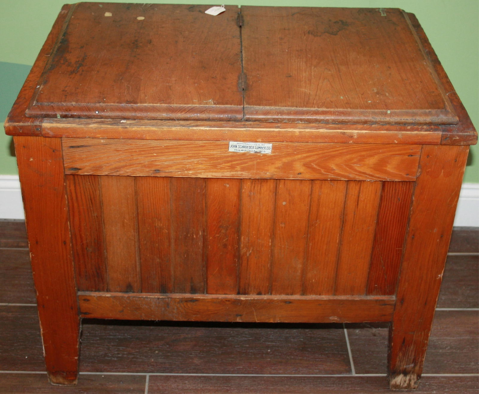 ANTIQUE WOODEN ICE BOX, MARKED JOHN SCHROEDER (1 of 7)